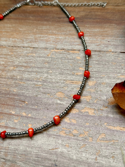 Antique Silver Seed Bead & Dyed Red Coral Choker – 14”